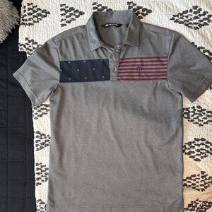Travis Mathew Gray Polo with Navy and Red Flag Design